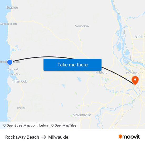Rockaway Beach to Milwaukie map