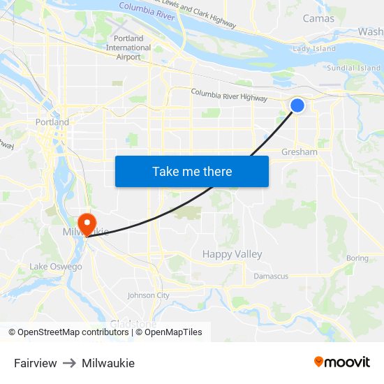Fairview to Milwaukie map