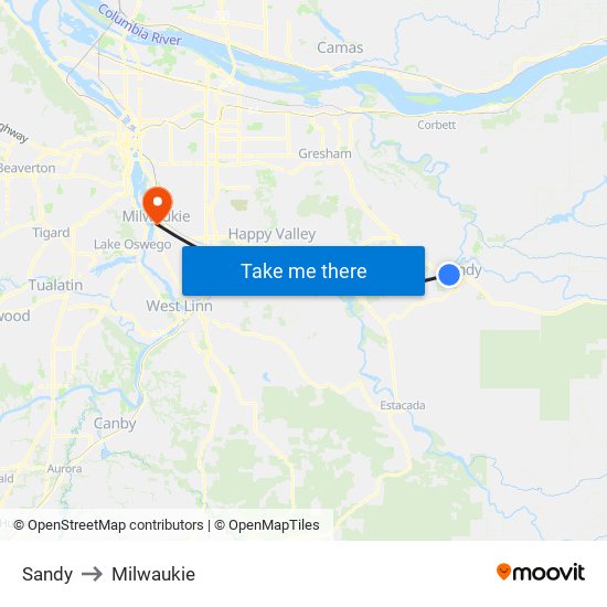 Sandy to Milwaukie map