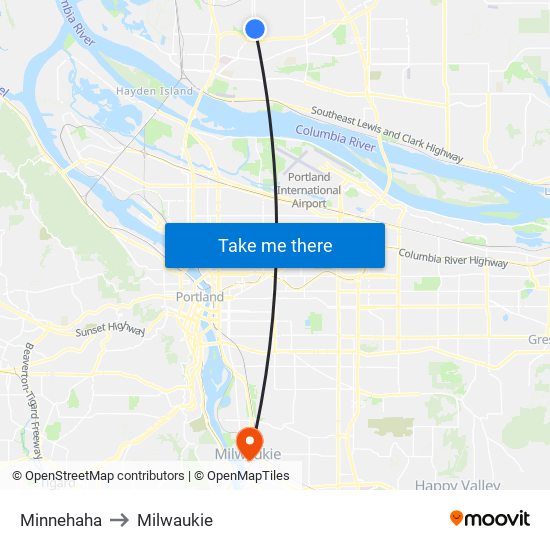 Minnehaha to Milwaukie map
