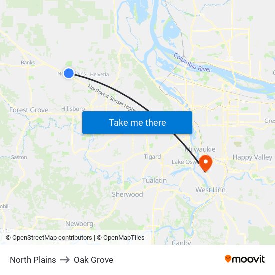 North Plains to Oak Grove map