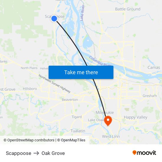 Scappoose to Oak Grove map