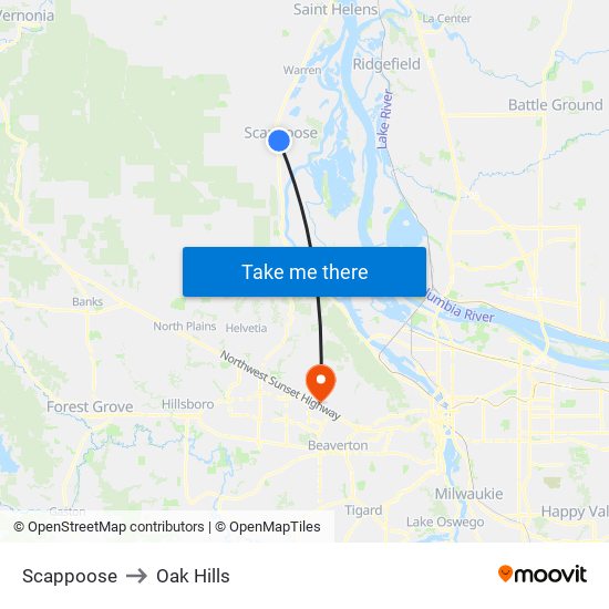 Scappoose to Oak Hills map