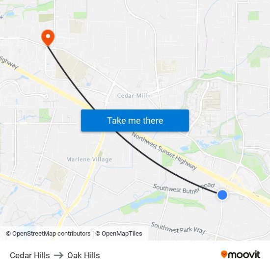 Cedar Hills to Oak Hills map