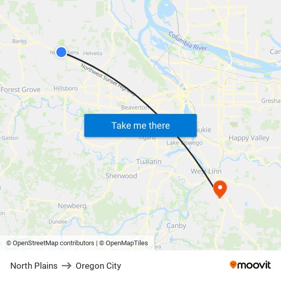 North Plains to Oregon City map