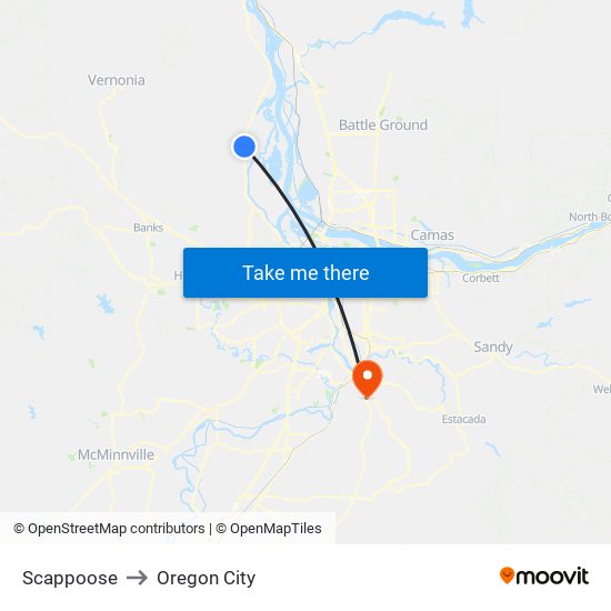 Scappoose to Oregon City map