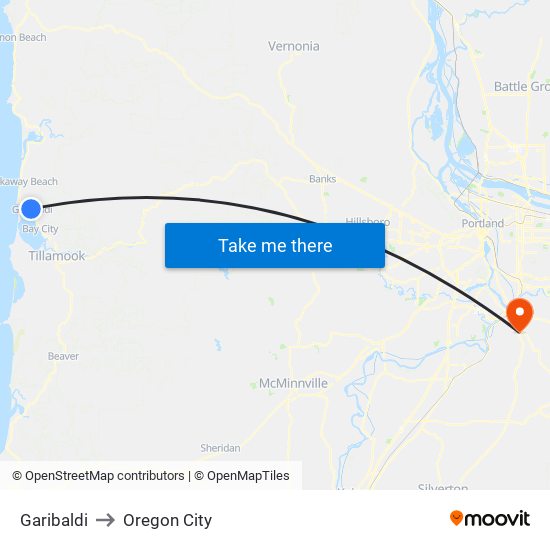 Garibaldi to Oregon City map