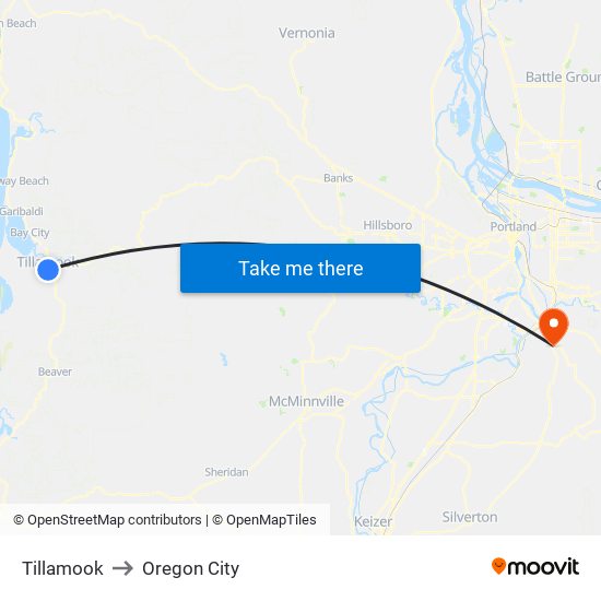 Tillamook to Oregon City map