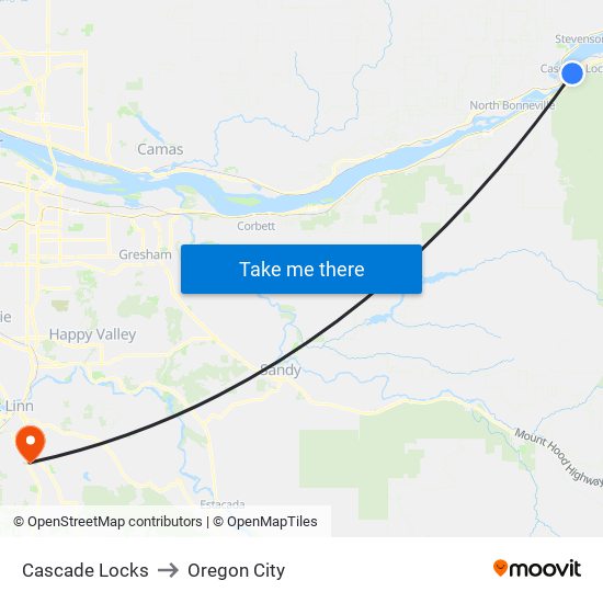Cascade Locks to Oregon City map