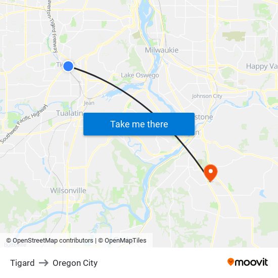 Tigard to Oregon City map