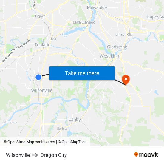 Wilsonville to Oregon City map