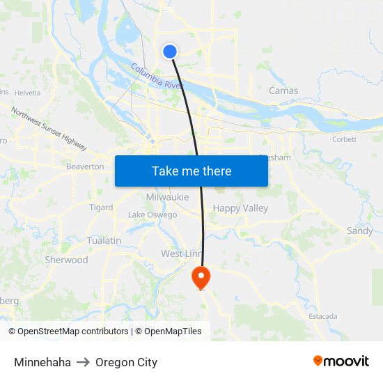 Minnehaha to Oregon City map