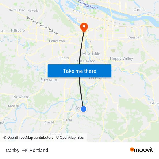 Canby to Portland map