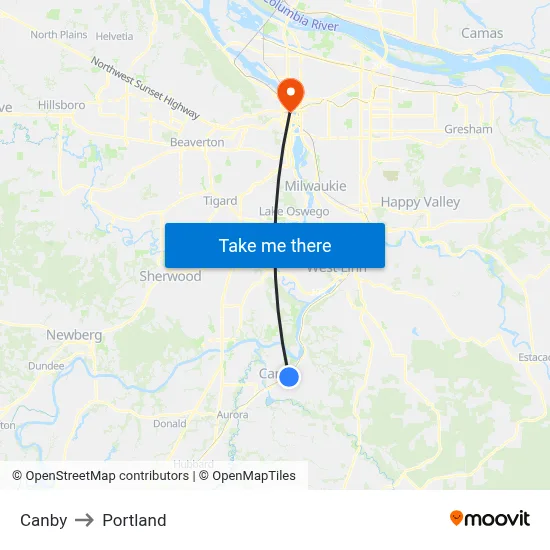 Canby to Portland map