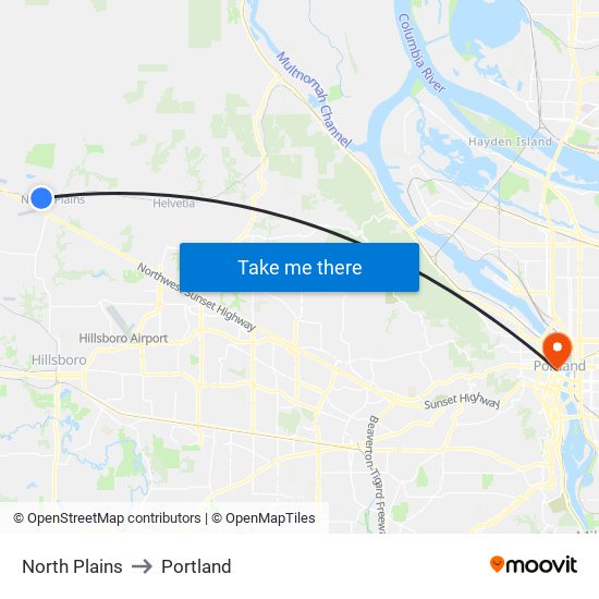 North Plains to Portland map