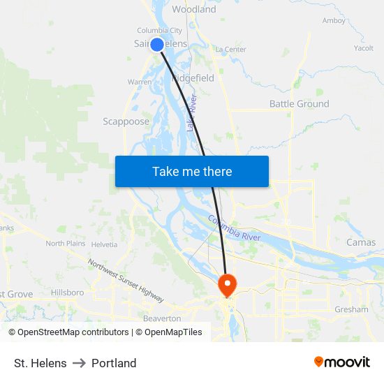 St. Helens to Portland map