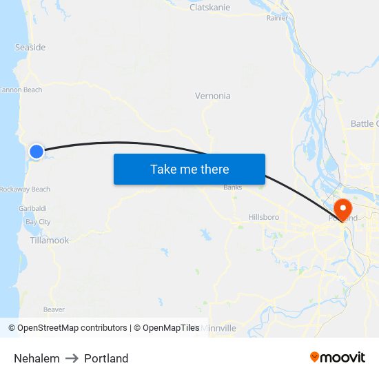 Nehalem to Portland map