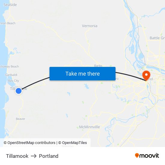 Tillamook to Portland map