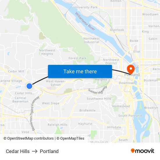 Cedar Hills to Portland map