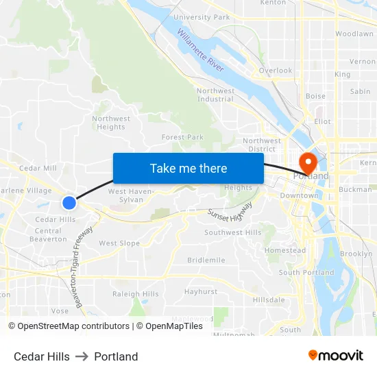 Cedar Hills to Portland map