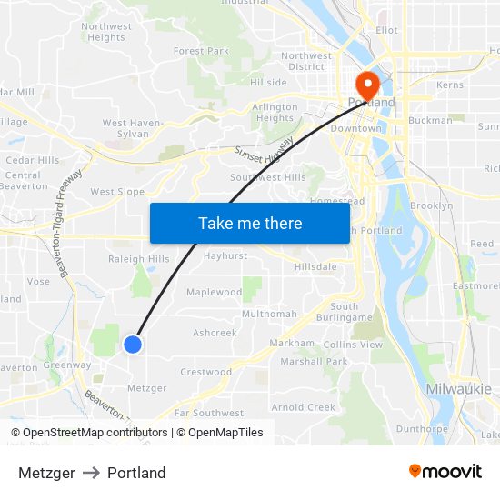 Metzger to Portland map