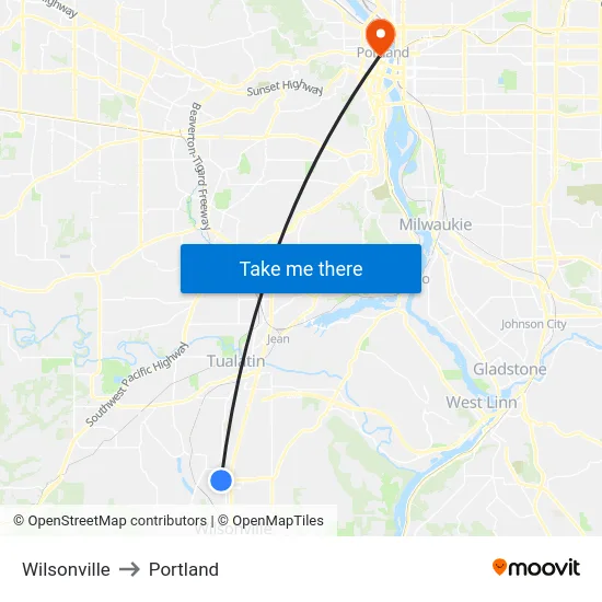 Wilsonville to Portland map