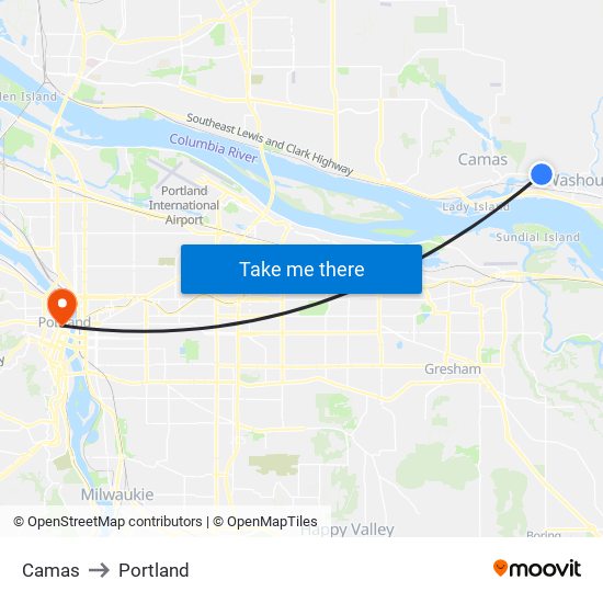 Camas to Portland map