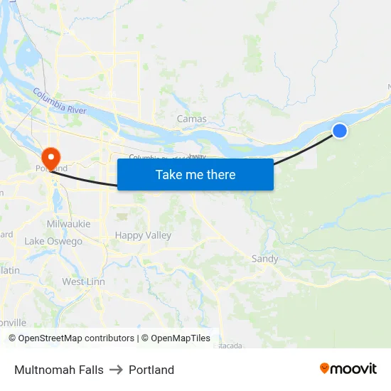 Multnomah Falls to Portland map