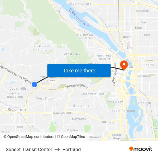 Sunset Transit Center to Portland map