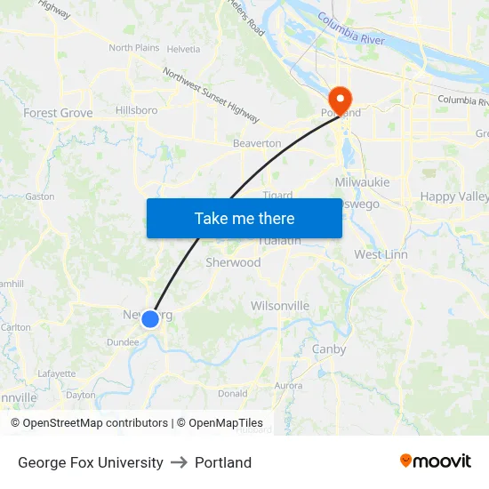 George Fox University to Portland map
