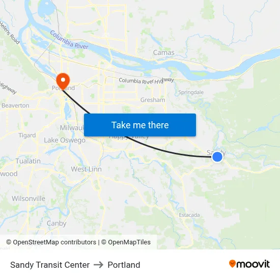 Sandy Transit Center to Portland map