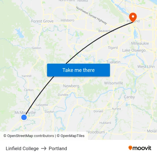 Linfield College to Portland map