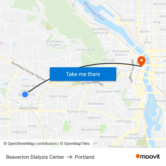 Beaverton Dialysis Center to Portland map