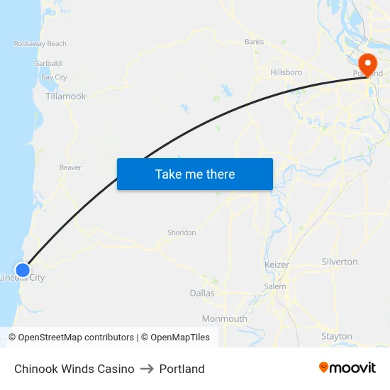 Chinook Winds Casino to Portland map