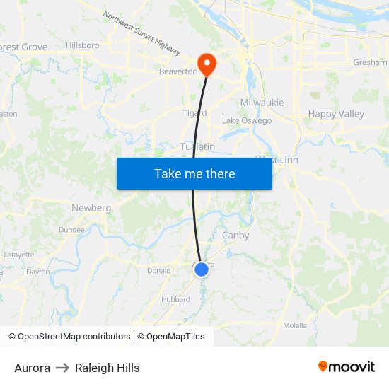 Aurora to Raleigh Hills map