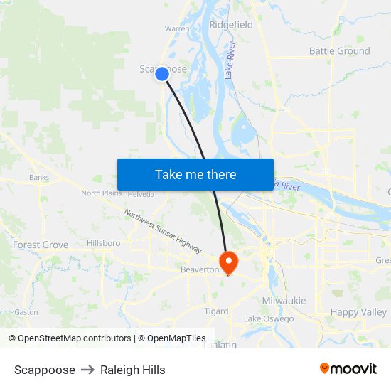 Scappoose to Raleigh Hills map