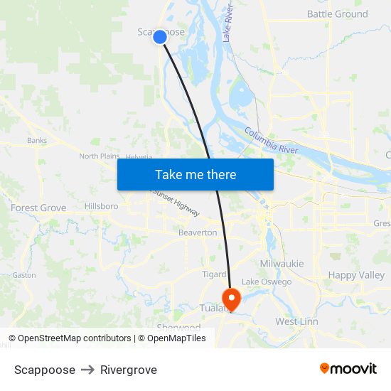 Scappoose to Rivergrove map