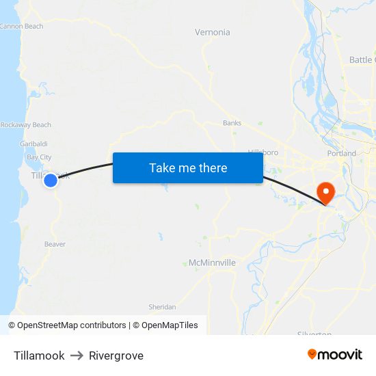 Tillamook to Rivergrove map