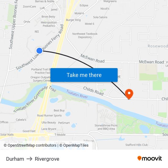 Durham to Rivergrove map