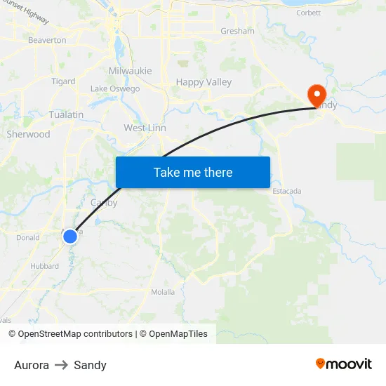 Aurora to Sandy map