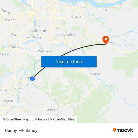 Canby to Sandy map