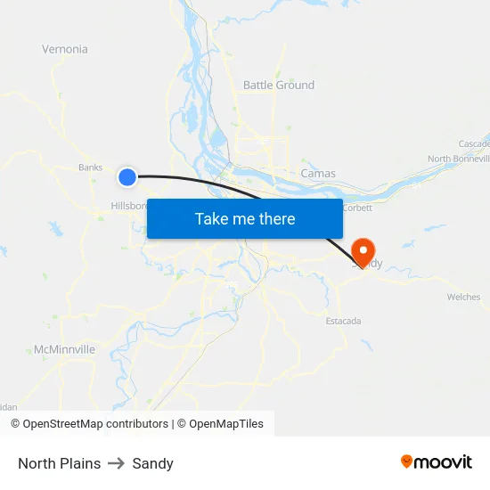 North Plains to Sandy map