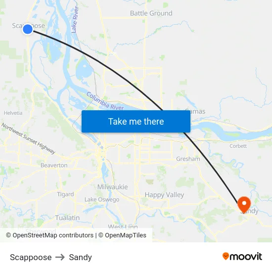 Scappoose to Sandy map
