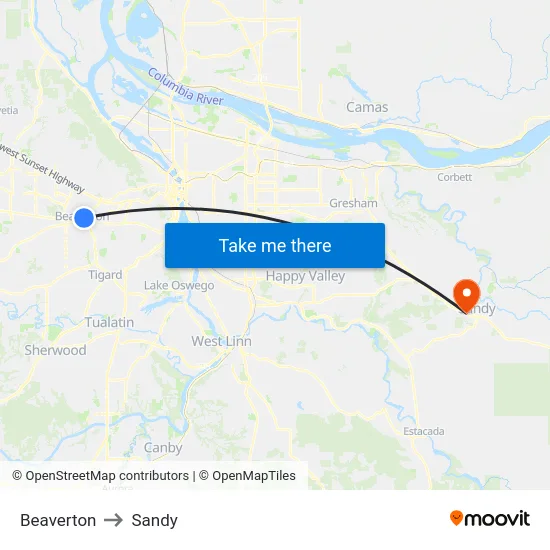 Beaverton to Sandy map