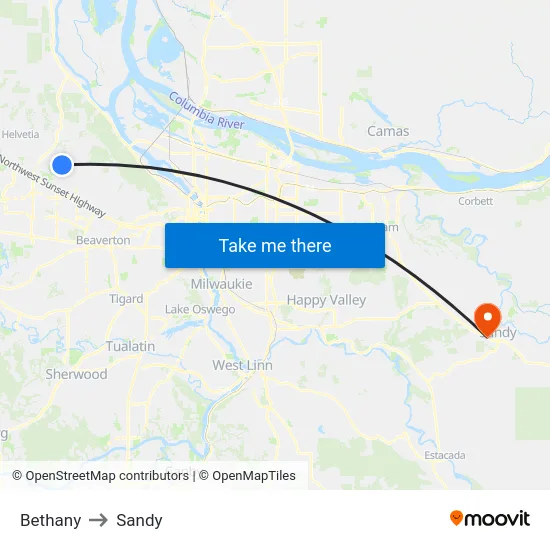 Bethany to Sandy map