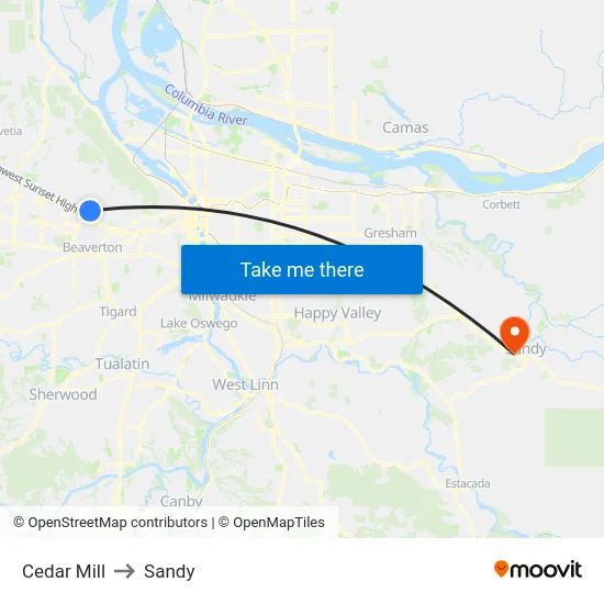 Cedar Mill to Sandy map