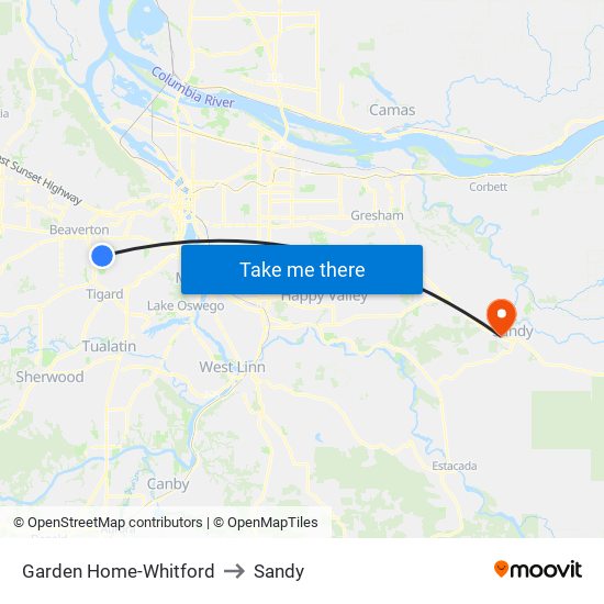 Garden Home-Whitford to Sandy map