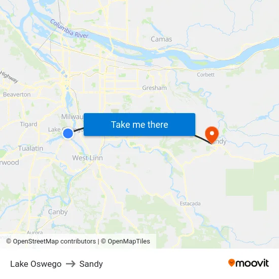 Lake Oswego to Sandy map