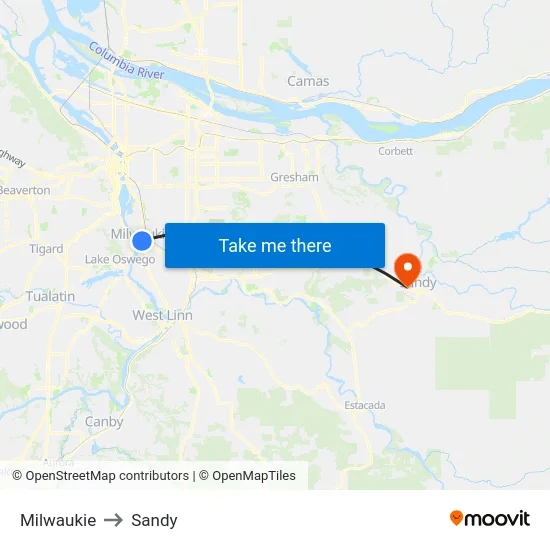 Milwaukie to Sandy map
