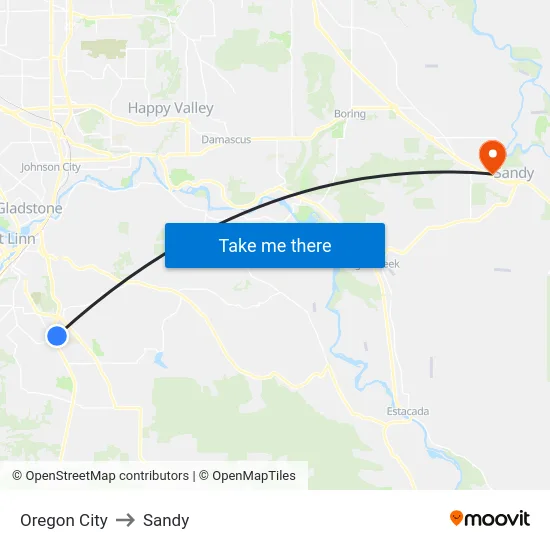 Oregon City to Sandy map